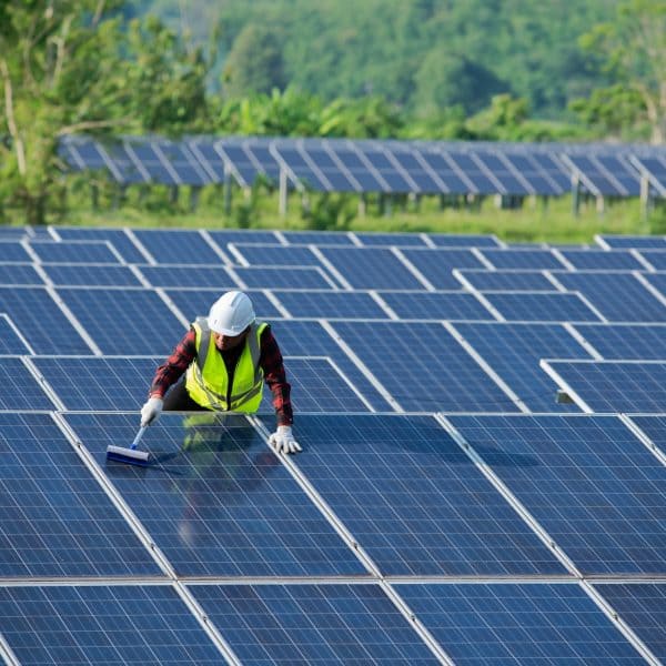 Cleaning solar panels by workers in uniform safety at solar farm